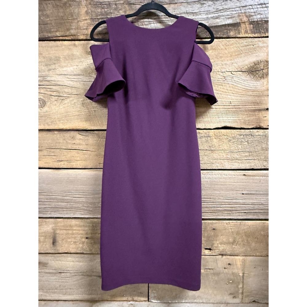Calvin Klein Purple Cold Shoulder Ruffle Sleeve Sheath Dress Size 4 Gold Zipper